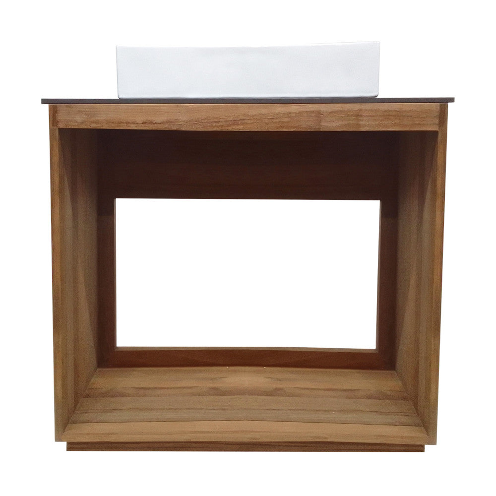 36-inch freestanding reclaimed wood bathroom vanity with slate countertop and single hole vessel sink.