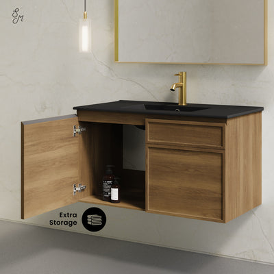 St. Tropez 36" Wall-Mounted Bathroom Vanity in Brown Oak with Black Sink Top