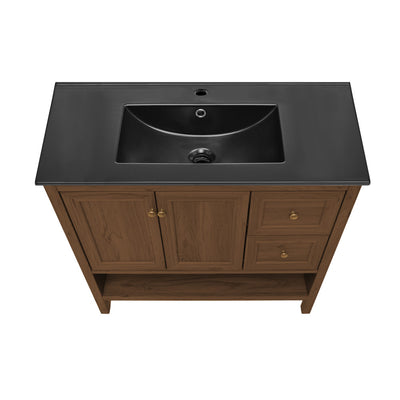 Château 36" Freestanding Bathroom Vanity in Brown Oak with Black Sink Top