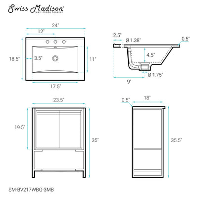 Marseille 24 in. White Bathroom Vanity With Black, 3-Hole Ceramic Sink Top