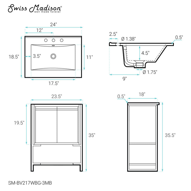 Marseille 24 in. White Bathroom Vanity With Black, 3-Hole Ceramic Sink Top