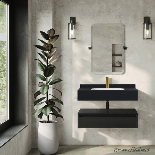 Avancer 36" Wall-Mounted Bathroom Vanity in Black Oak with Black Marble Sink Top
