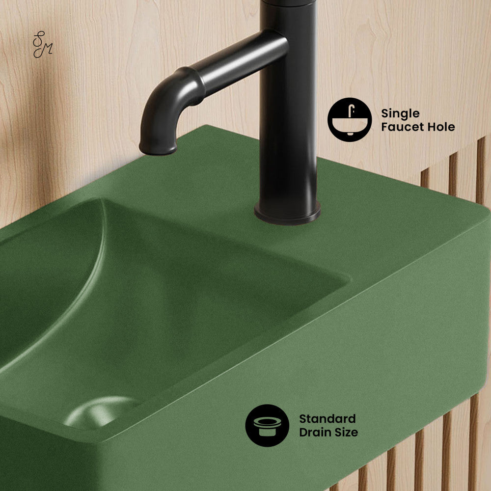 Lisse 16" Concrete Rectangle Wall-Mounted Sink with Right Side Faucet Mount in Matte Royal Green