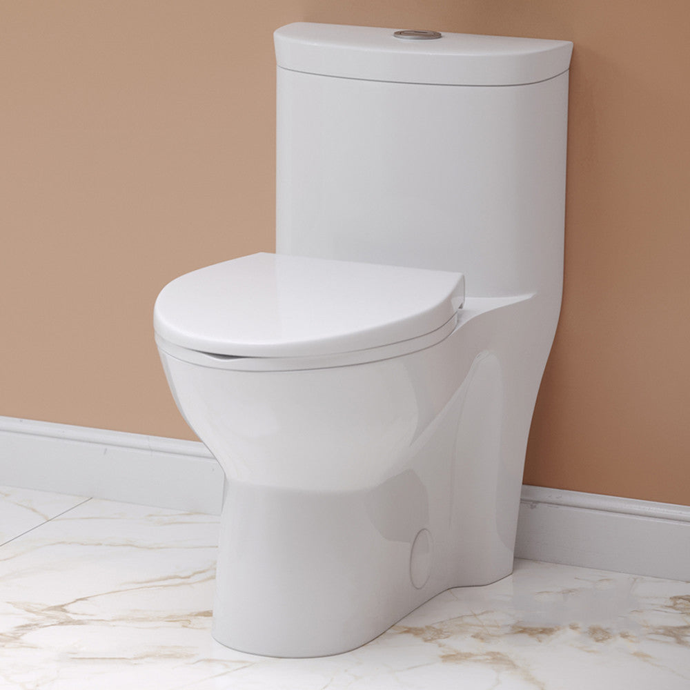 Elongated one-piece toilet with touchless retrofit dual flush, 1.1/1.6 gpf, white ceramic finish.