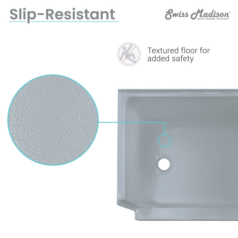 60" x 32" gray single threshold shower base with left drain and integrated right seat, slip-resistant textured floor.