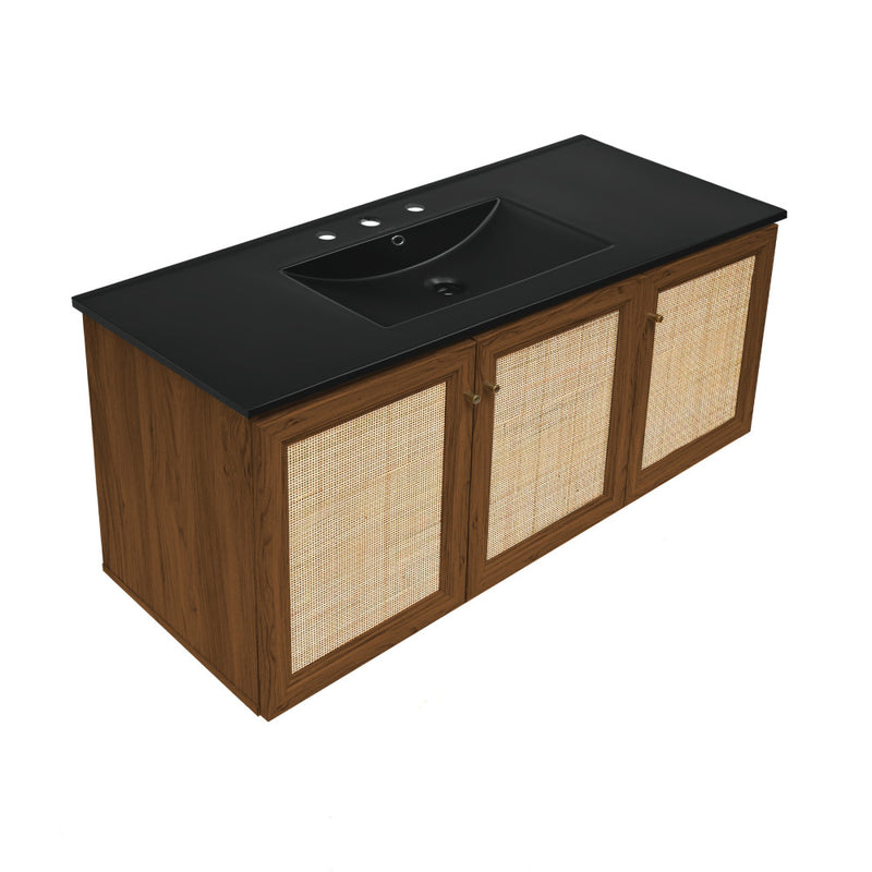 Classe 48" Wall-Mounted Bathroom Vanity in Brown Oak with Black 3-Hole Widespread Sink Top