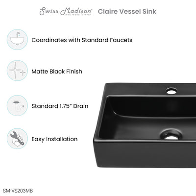 Claire 20 Rectangle Ceramic Vessel Sink, Matte Black