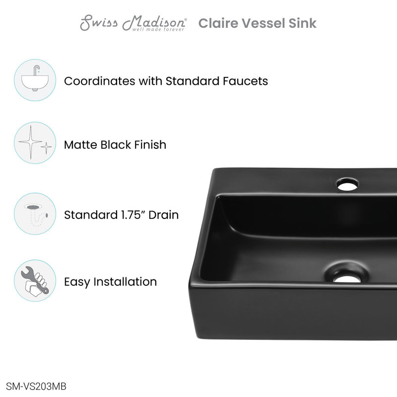 Claire 20 Rectangle Ceramic Vessel Sink, Matte Black