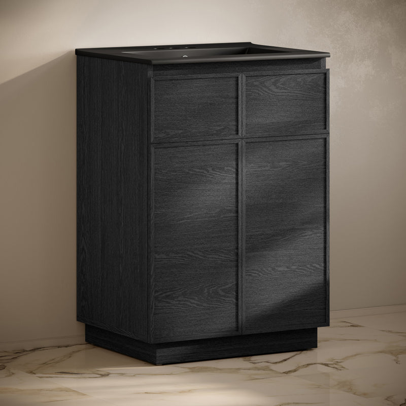 St. Tropez 24" Freestanding Bathroom Vanity in Black Oak with Black 3-Hole Centerset Sink Top