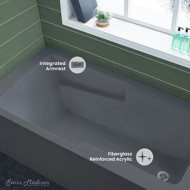 Voltaire 60" x 32" Right-Hand Drain Alcove Bathtub with Apron and Armrest in Matte Grey