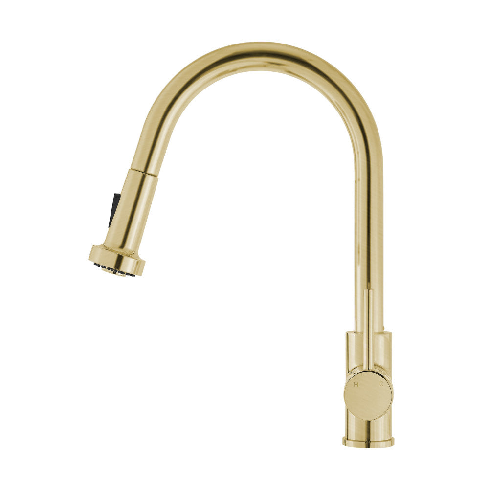 Single handle pull-down kitchen faucet in brushed gold with high-arc spout and spray head.