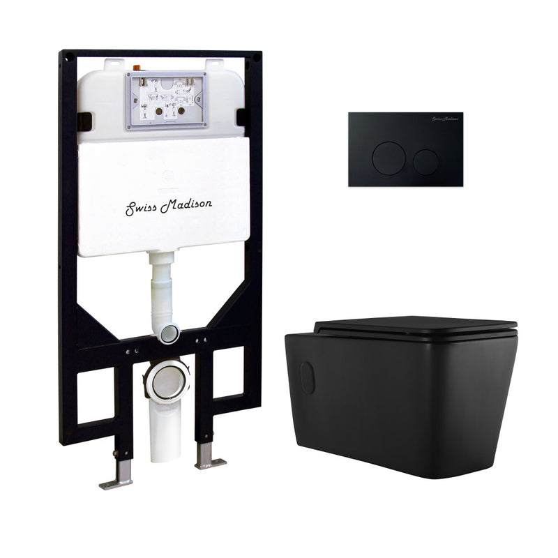 Concorde Wall-Hung Toilet Bundle 0.8/1.6 GPF Dual Flush in Matte Black with Black Flush Plate