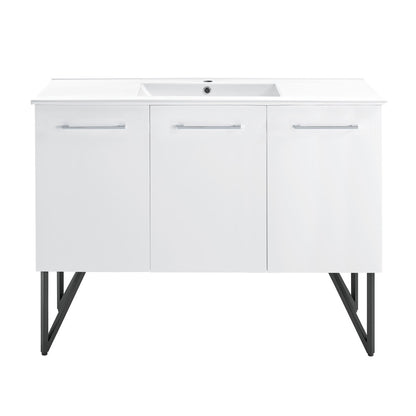48-inch freestanding white bathroom vanity with single sink and soft-close doors on metal legs.