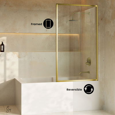 Pierre 34 x 58 Framed Fixed 3/8 in. (10mm) Clear Tempered Glass Tub Door with Brushed Gold Frame