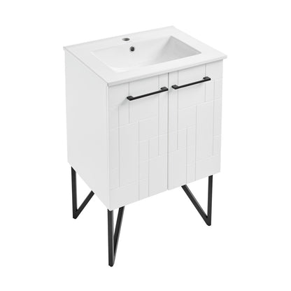 24-inch freestanding white bathroom vanity with black legs and single integrated sink top.