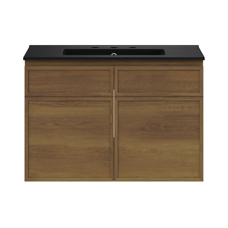 St. Tropez 30" Wall-Mounted Bathroom Vanity in Brown Oak with Black 3-Hole Widespread Sink Top