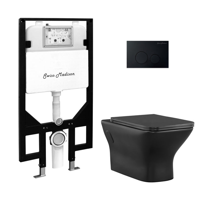 Carre Wall-Hung Toilet Bundle 0.8/1.6 GPF Dual Flush in Matte Black with Black Flush Plate