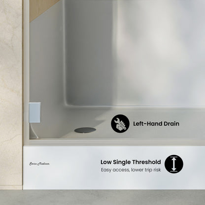 Aquatique 60" x 32" Single Threshold Shower Base With Left Hand Drain and Integral Right Hand Seat in White
