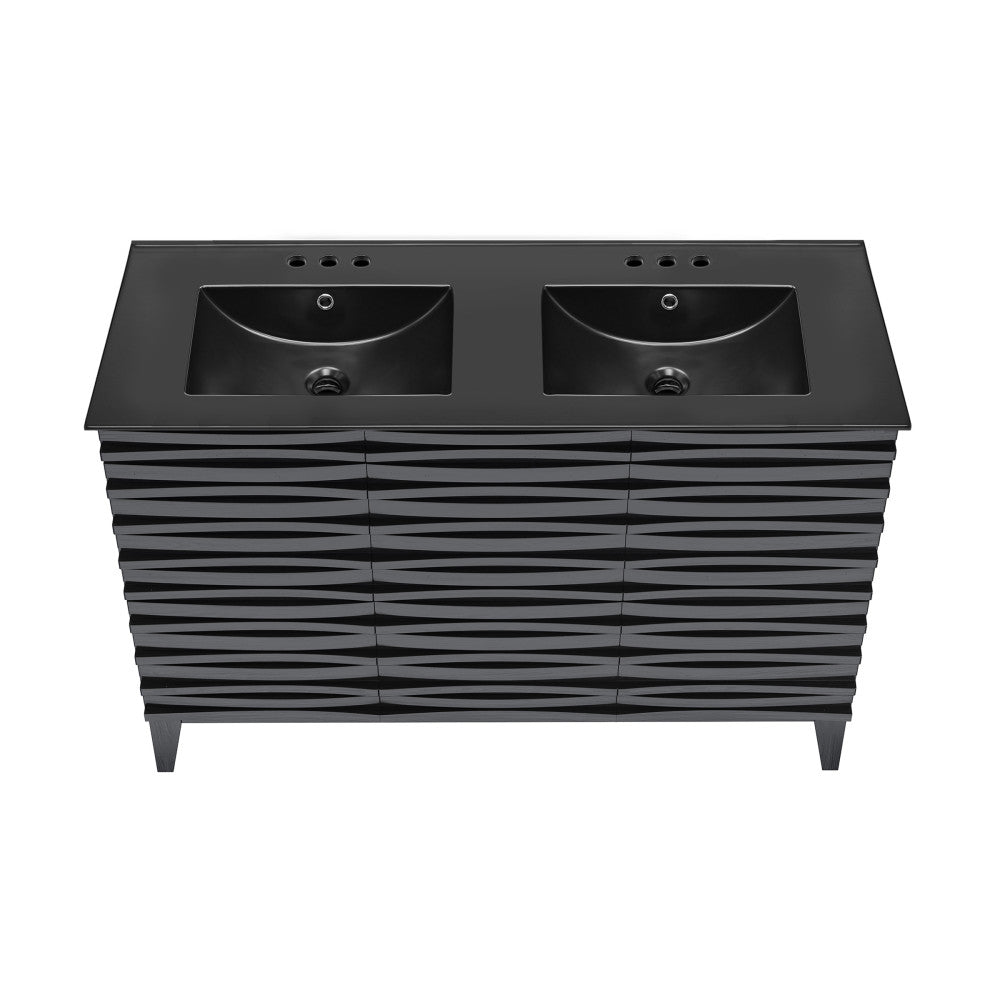 Cascade 48 in. Black Oak, Double Basin Bathroom Vanity With Black, 3-Hole Centerset Ceramic Sink Top