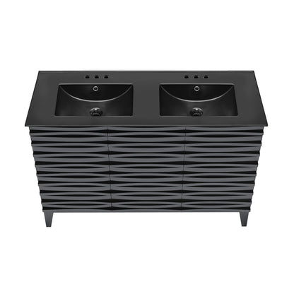 Cascade 48 in. Black Oak, Double Basin Bathroom Vanity With Black, 3-Hole Centerset Ceramic Sink Top