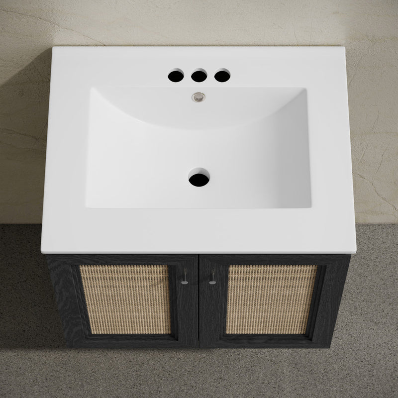 Classe 24" Wall-Mounted Bathroom Vanity in Black Oak with Centerset Faucet Holes Vanity Top