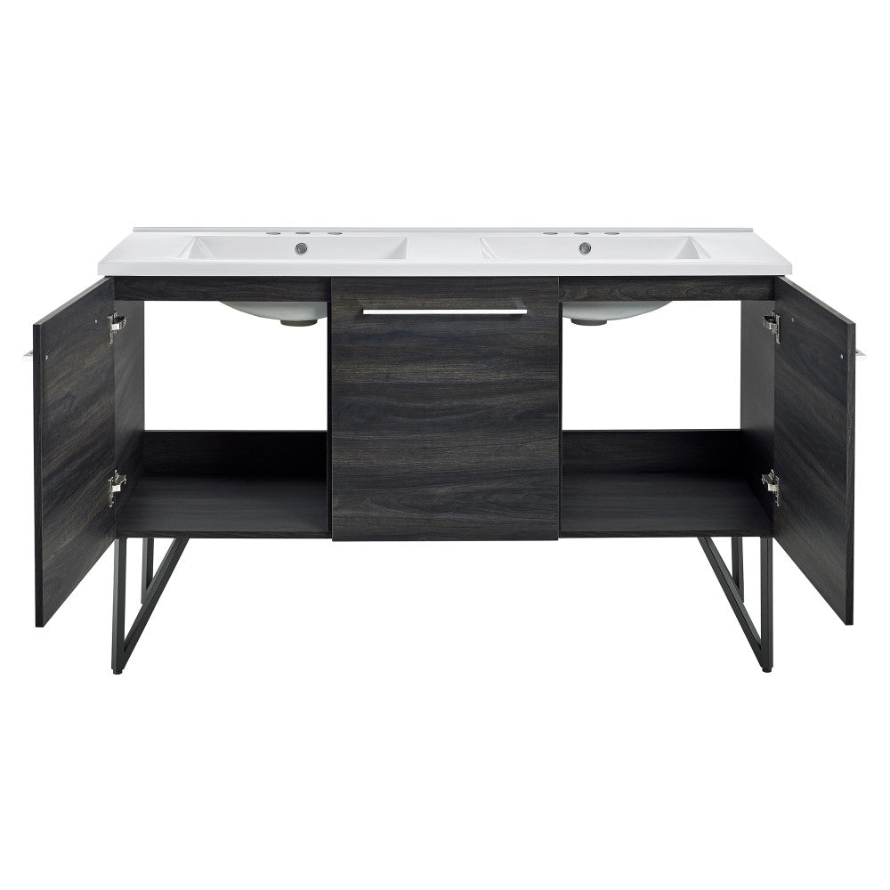 Annecy 60 in. Black Walnut, Double Basin Bathroom Vanity With White, 3-Hole Artificial Stone Sink Top