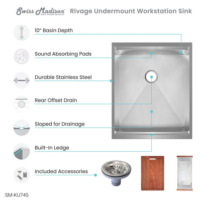 Rivage 15 x 19 Single Basin Undermount Kitchen Workstation Sink