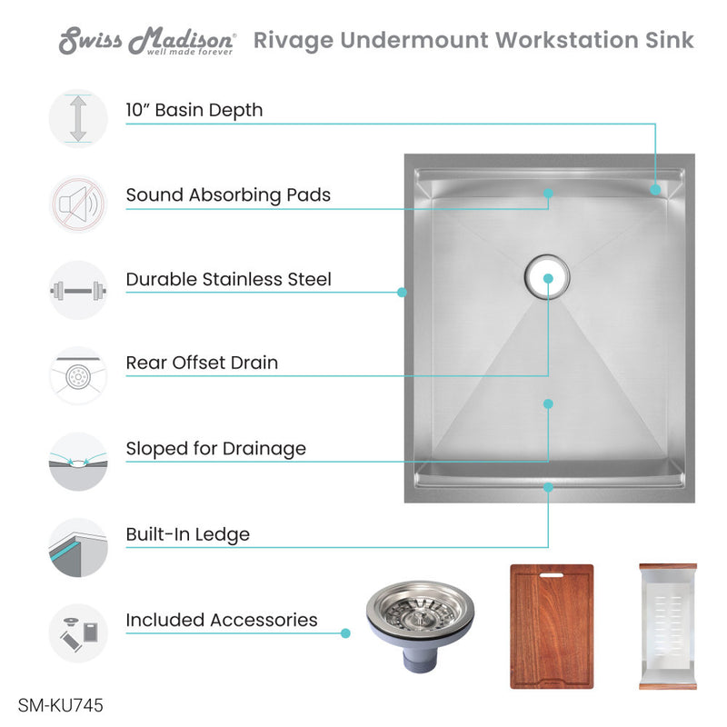 Rivage 15 x 19 Single Basin Undermount Kitchen Workstation Sink