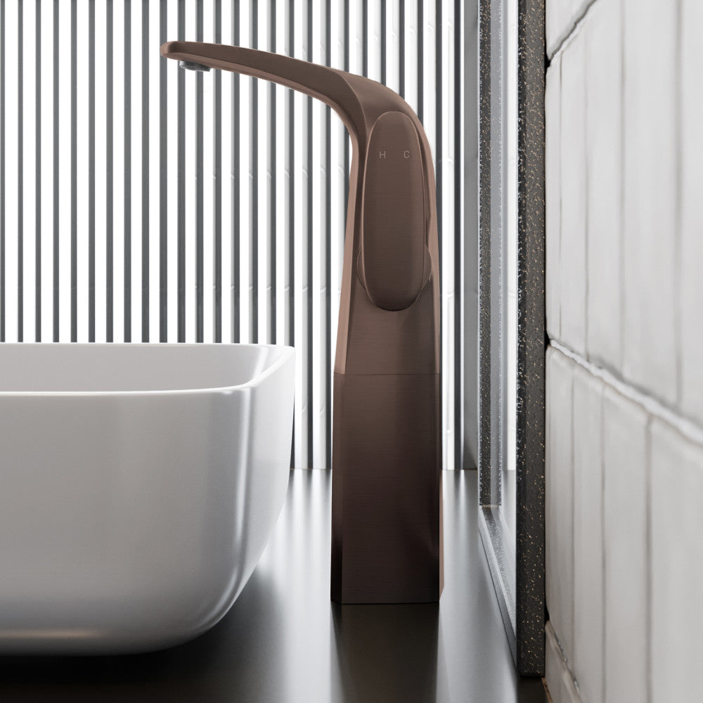 Single-handle high arc bathroom faucet in oil rubbed bronze, modern Chateau design.
