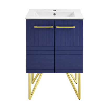 24-inch freestanding bathroom vanity in granger blue with soft-close doors and white sink top.