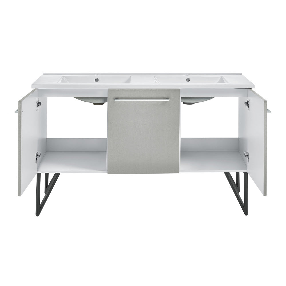 60-inch freestanding double sink bathroom vanity in gray with soft-close doors and open shelf.