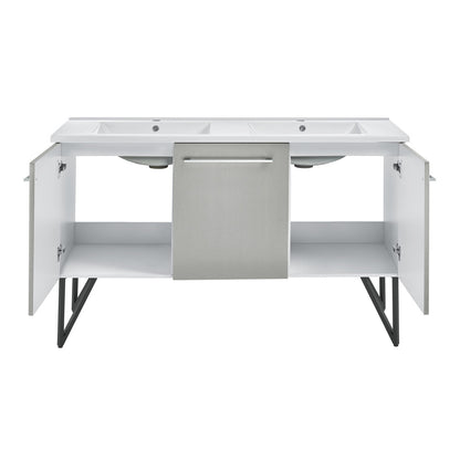60-inch freestanding double sink bathroom vanity in gray with soft-close doors and open shelf.