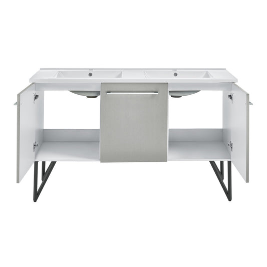 60-inch freestanding double sink bathroom vanity in gray with soft-close doors and open shelf.