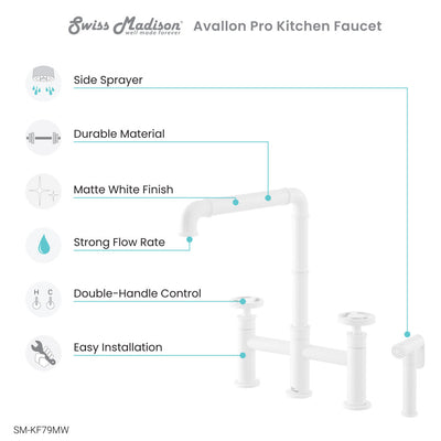 Avallon Pro Widespread Kitchen Faucet with Side Sprayer in Matte White