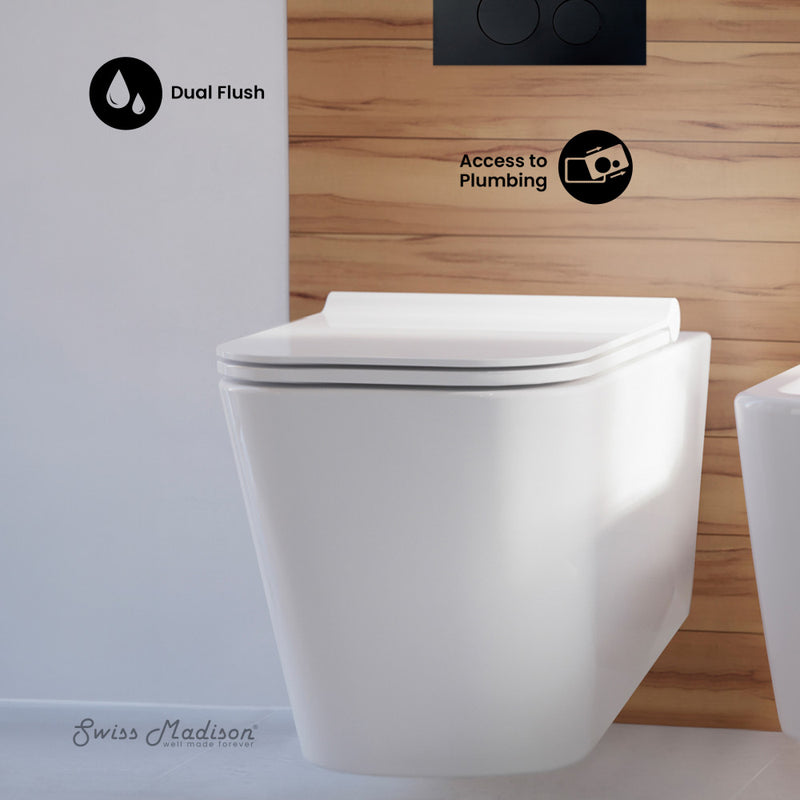 Concorde Wall-Hung Toilet Bundle 0.8/1.6 GPF Dual Flush in Glossy White with Black Flush Plate