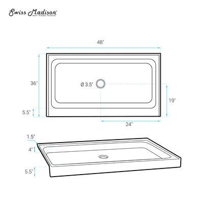 Voltaire 48" x 36" Acrylic White, Single-Threshold, Center Drain, Shower Base