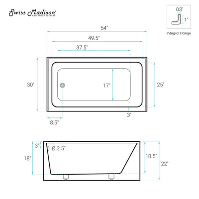 Voltaire 54 x 30 Skirted Left Drain Soaking Alcove Bathtub in Glossy White