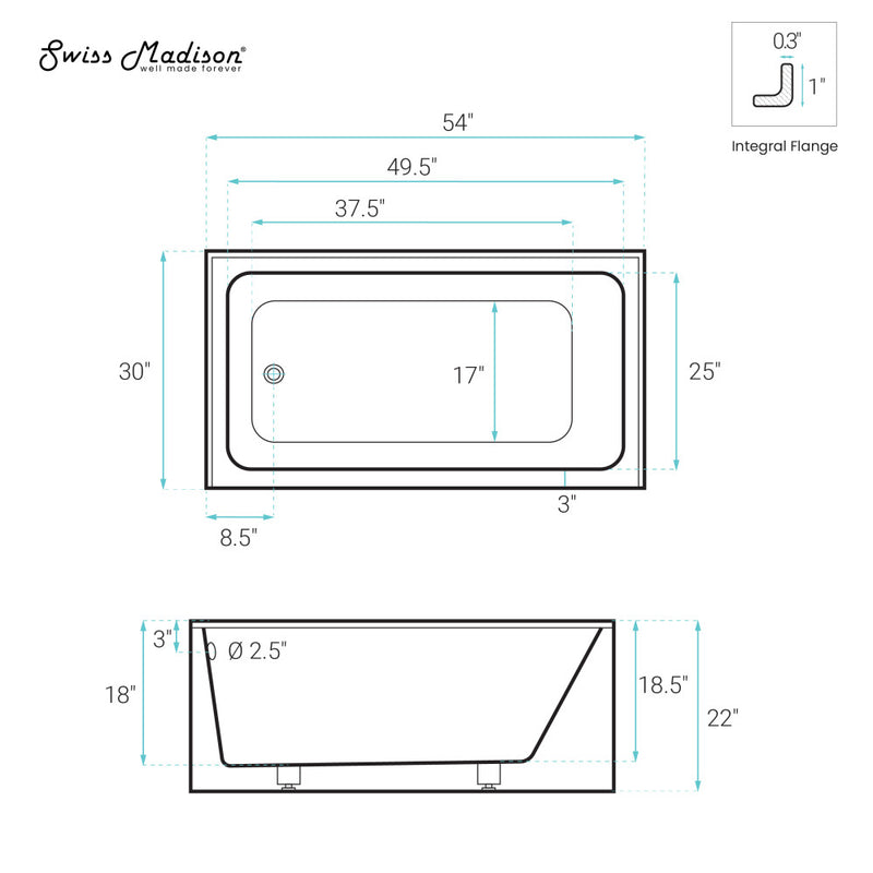 Voltaire 54 x 30 Skirted Left Drain Soaking Alcove Bathtub in Glossy White