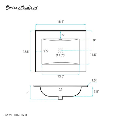 18" Zero Hole Vanity Sink Top in Glossy White