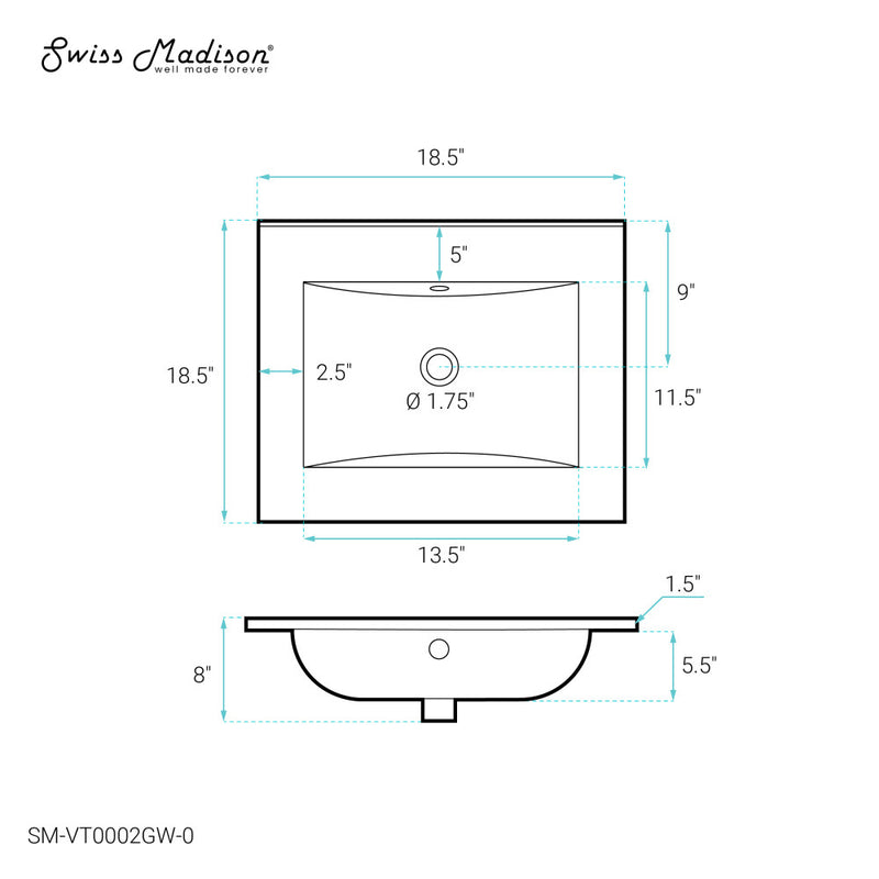 18" Zero Hole Vanity Sink Top in Glossy White