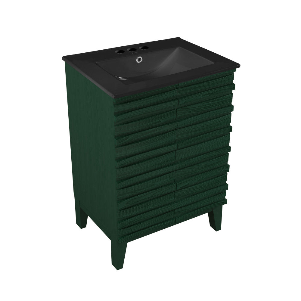 Cascade 24" Freestanding Bathroom Vanity in Green Oak with Black 3-Hole Centerset Sink Top