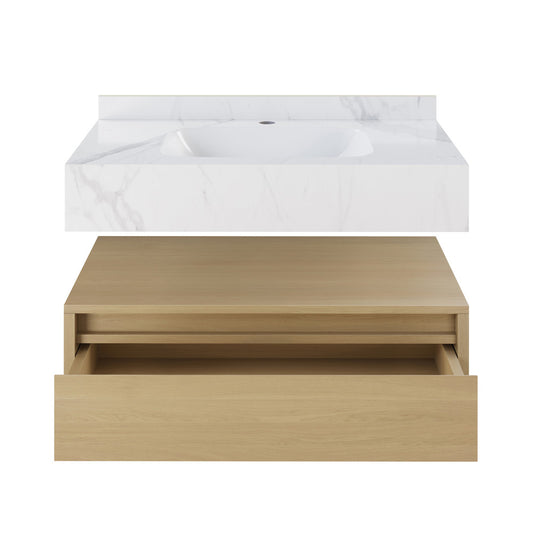 Avancer 36" Wall-Mounted Bathroom Vanity in Natural Oak with White Marble Sink Top