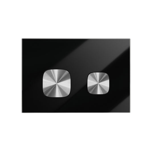 Verre Wall Mount Dual Flush Glass Actuator Plate in Glossy Black with Silver Flush Buttons