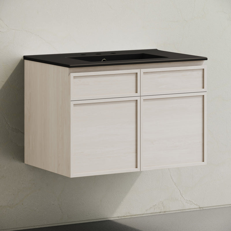 St. Tropez 30" Wall-Mounted Bathroom Vanity in White Oak with Black 3-Hole Widespread Sink Top