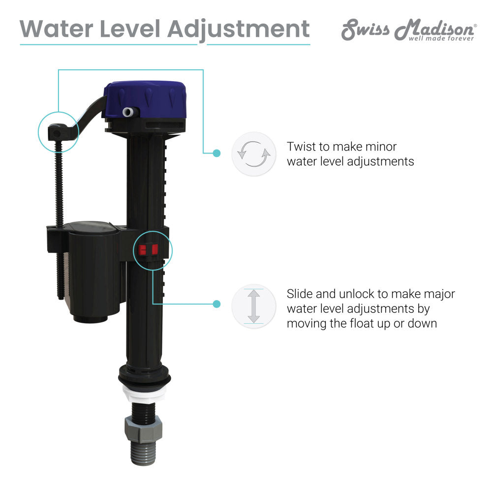 Toilet flush valve with adjustable water level mechanism, black and white plastic construction.