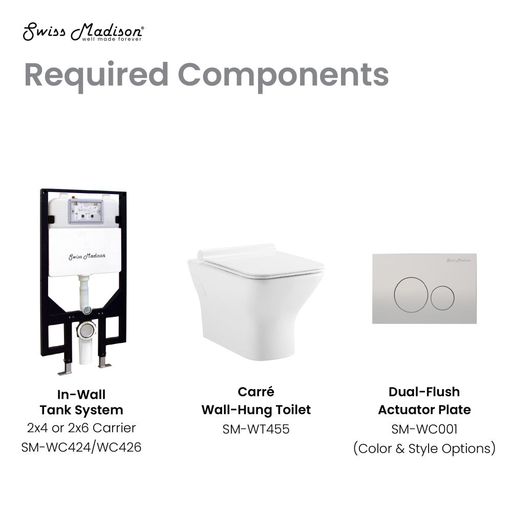 Elongated white wall-hung toilet bowl with dual-flush actuator plate and concealed tank system.