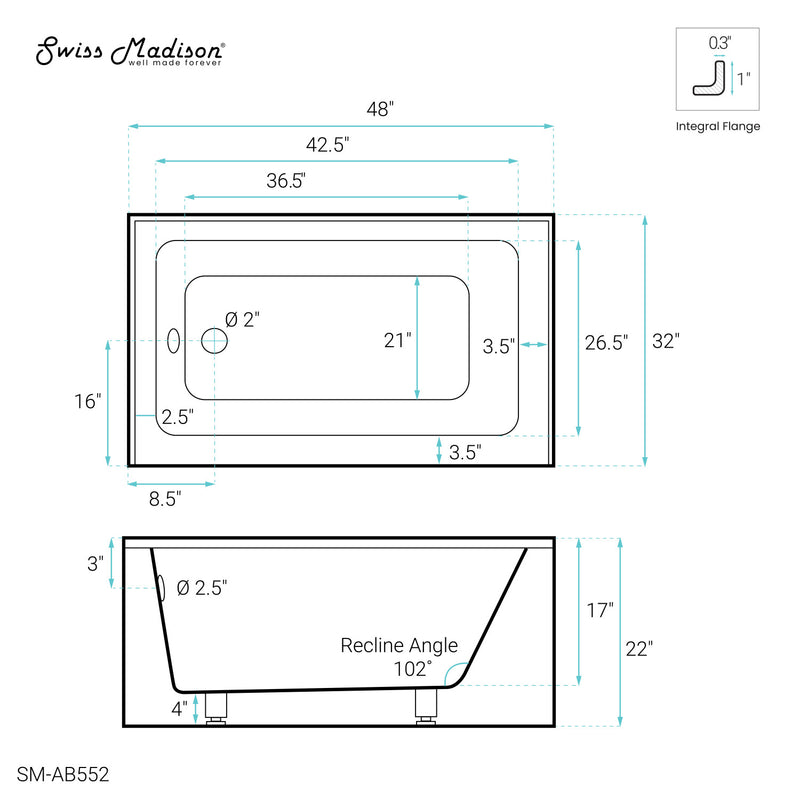 Voltaire 48" x 32" Left-Hand Drain Alcove Bathtub with Apron