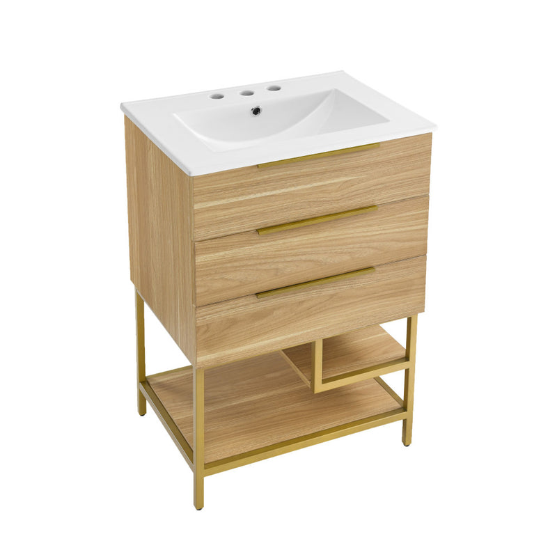 Carre 24 in. White Oak Bathroom Vanity With White, 3-Hole Ceramic Sink Top