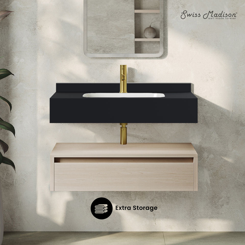 Avancer 36" Wall-Mounted Bathroom Vanity in White Oak with Black Marble Sink Top
