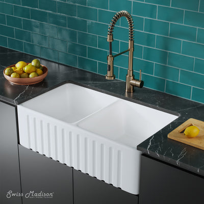 Delice 34" Double Basin Ceramic Farmhouse Kitchen Sink in Glossy White